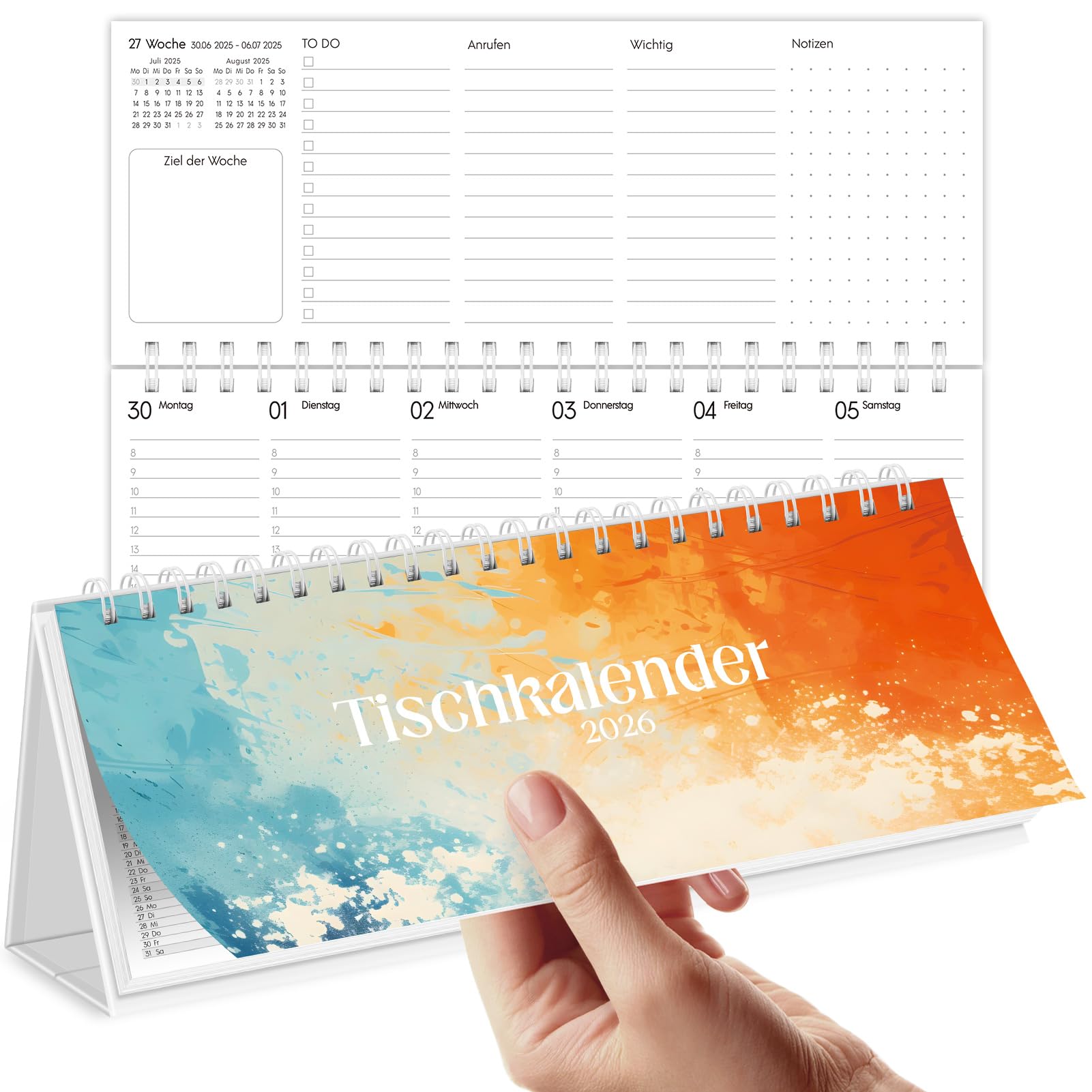 SKYDUE Tafelkalender 2025-2026 – 18 Maanden Liggend, 1 Week Over 2 Pagina’s, Met Feestdagen En Notitieruimte, Oranje