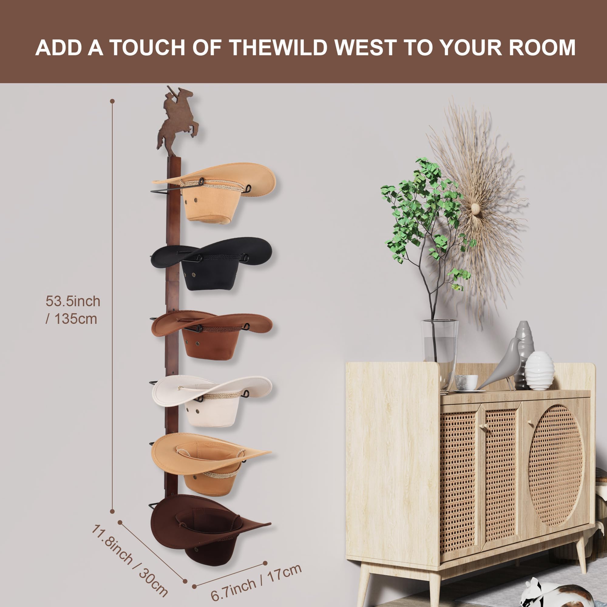 Soporte para sombreros de vaquero para pared: organizador de sombreros de madera rústica con 6 ganchos para sombreros para montaje en pared, soporte para sombreros de vaquero, soporte para
