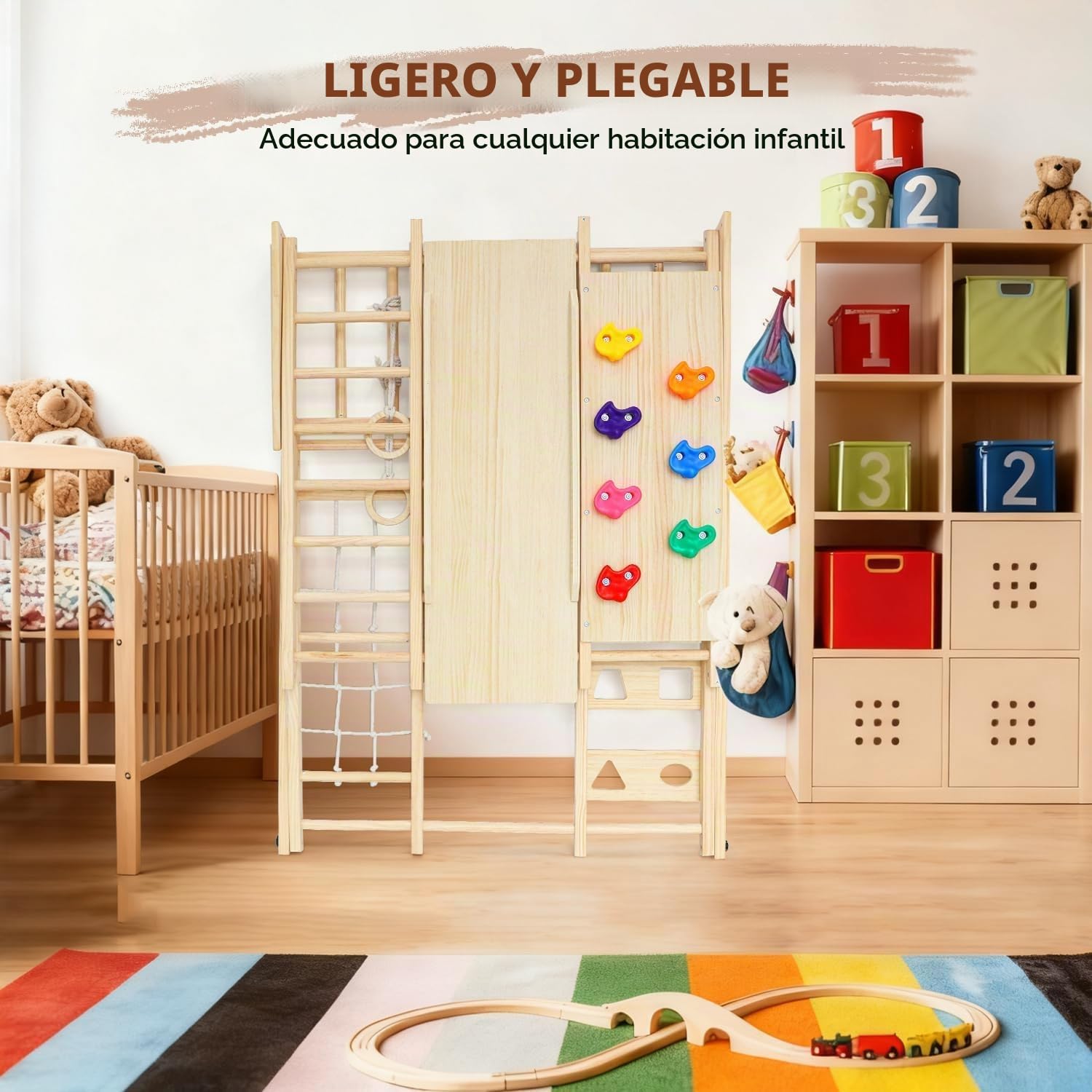Maxi Estructura de Escalada de interior, 10 en 1 Multifuncional Estructura de Escalada para Niños, Montessori Parque infantil cubierto, Monopatín, Balancearse, Red de Escalada/Muro de Escalada