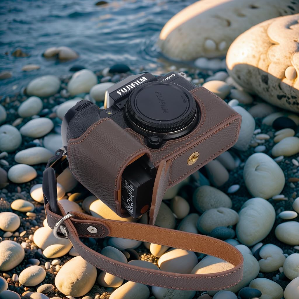 Bowan X-S10 Camera Case, Handmade Genuine Real Leather Half Camera Case Bag Cover for Fujifilm Fuji X-S10 XS10 Camera Bottom Opening Version + Hand Strap (Coffee)