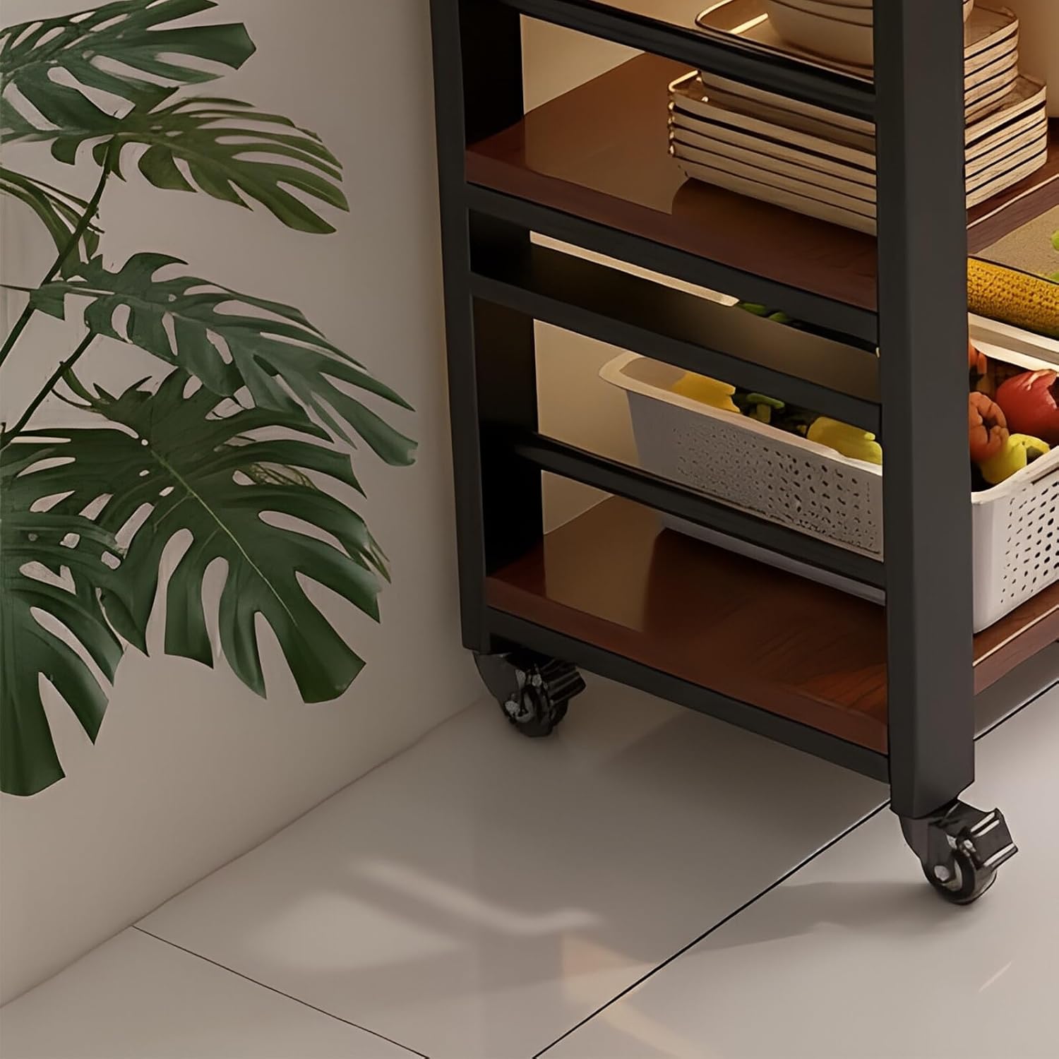 Storage Trolley Rolling Kitchen Island Cart Wood Top with Metal Frame Mobile Storage Trolley Shelving Organizer(Medium)