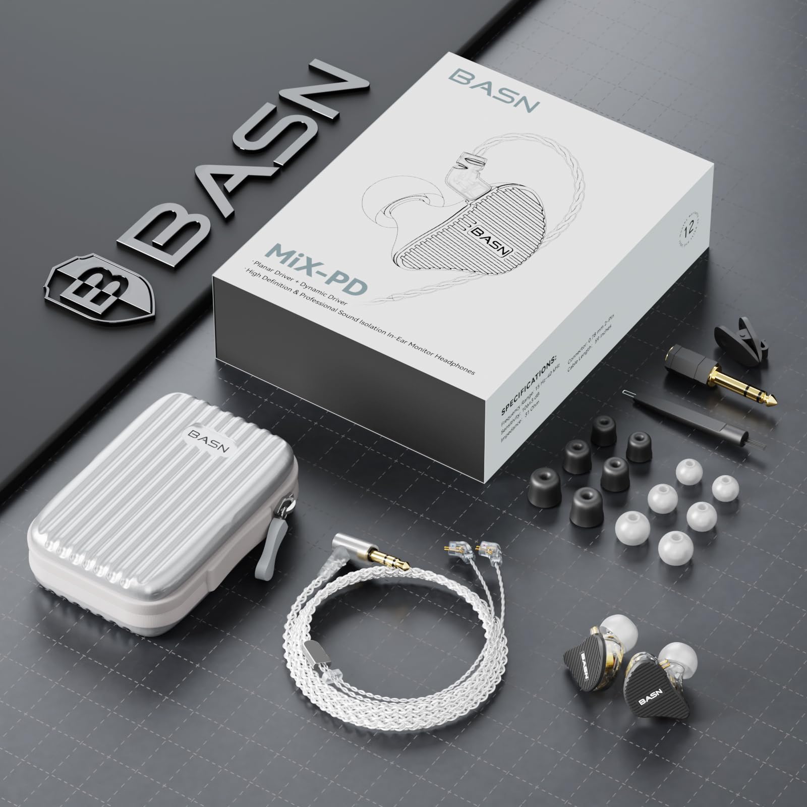 BASN MiX-PD - Monitor in-ear, 1Planar + 1Dynamic Driver Dual Driver, Hi-Fi IEM, cablato 0,78 mm, cavo staccabile a 2 pin, nero
