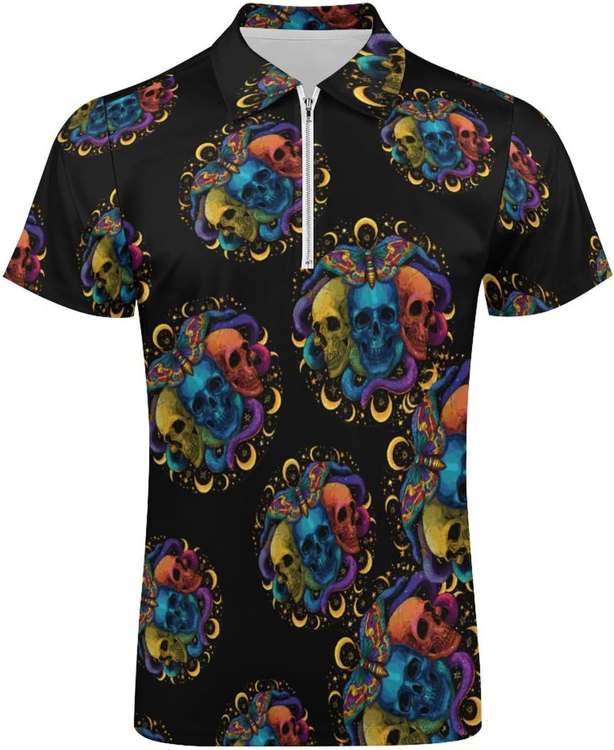 Gothic Skull Men's Polo Shirts Golf Short Sleeve Tops | Casual Workout,Golf T-Shirt,Zippered Tee,Collared,Print