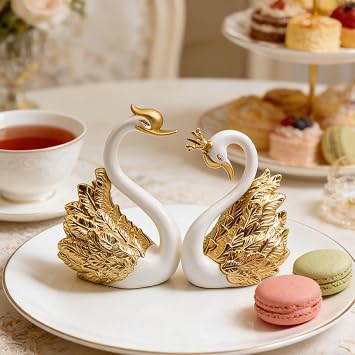 Swan Cake Toppers Set with Crown Swan Figurine Creative 2-Piece Cake Decoration for Birthday Wedding Desktop & Car Ornament