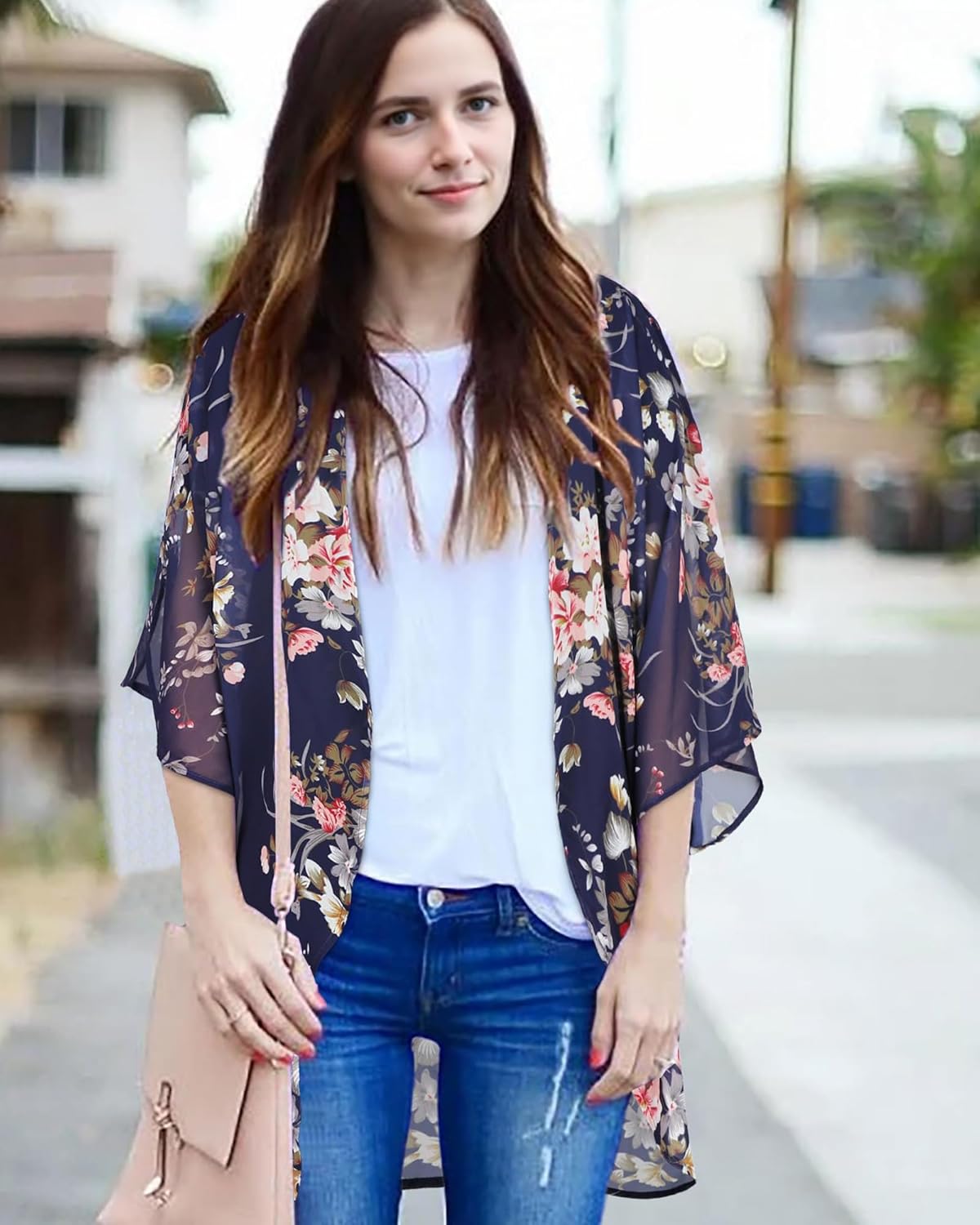 Women's Floral Print Puff Sleeve Kimono Cardigan Loose Cover Up Casual Blouse Tops - Image 2