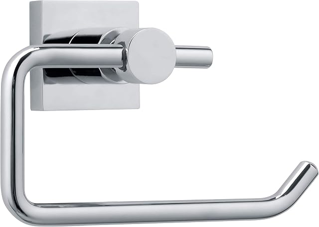 tesa HUKK Toilet Paper Holder - No Drill Chrome Plated Metal Toilet Roll Holder without Lid for Bathrooms and Guest Toilets - Includes Removable Glue Solution