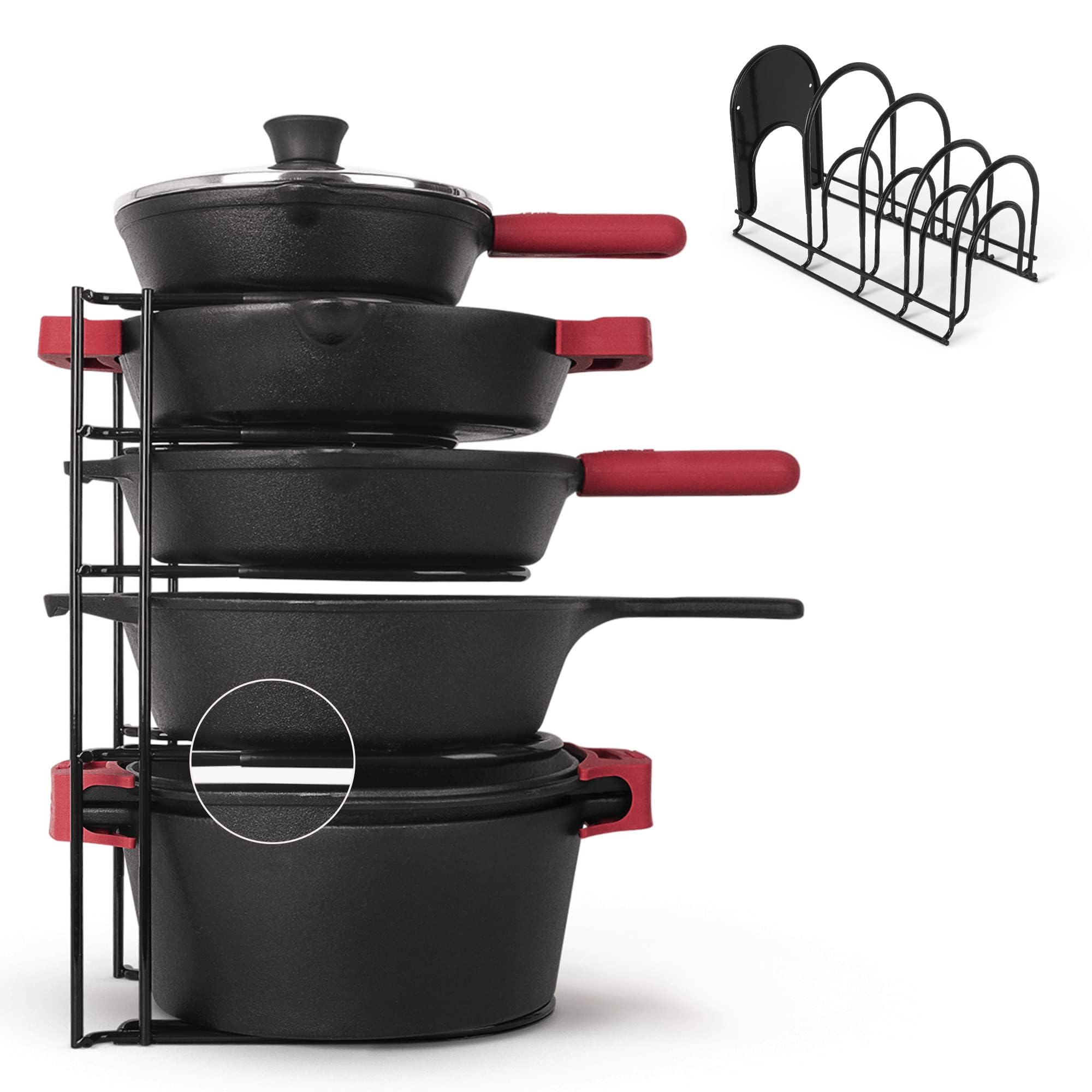 cuisinel Organizer na patelnie – pokryty silikonem, antypoślizgowy, 38 cm, wytrzymały stojak na patelnie, organizer na blaty kuchenne, do przechowywania ciastek, deska do krojenia, żeliwne naczynia
