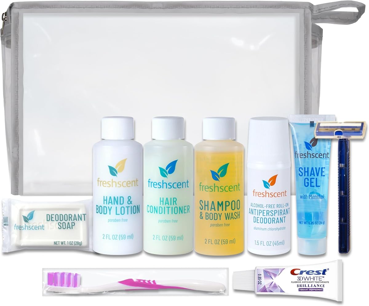 Convenience Kits International Unisex 10-Piece Budget Hygiene Travel Kit with Toothpaste, Bar Soap, Shave Gel, Travel-Size Toiletries, and Clear Toiletry Bag