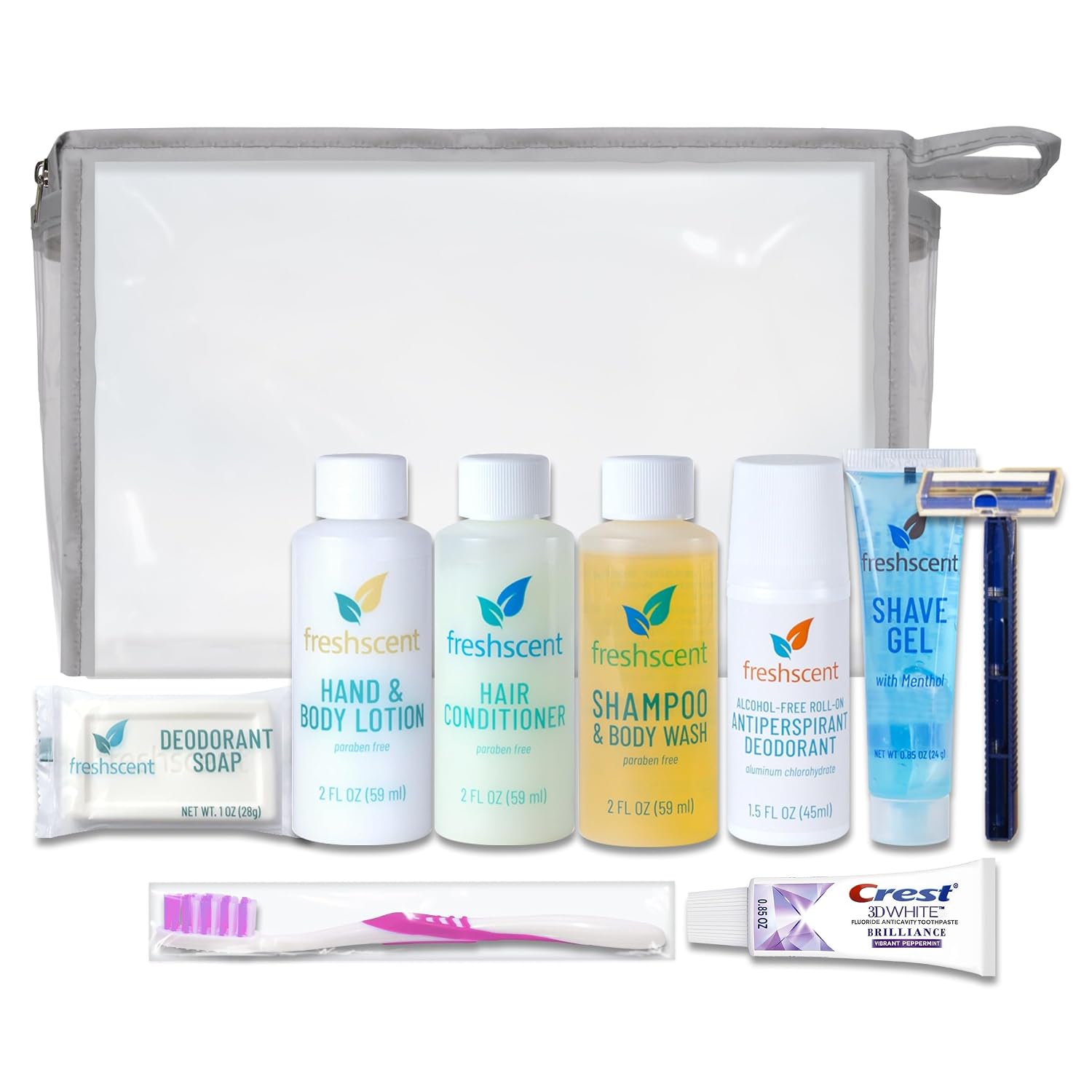Convenience Kits International Unisex 10-Piece Budget Hygiene Travel Kit with Toothpaste, Bar Soap, Shave Gel, Travel-Size Toiletries, and Clear Toiletry Bag