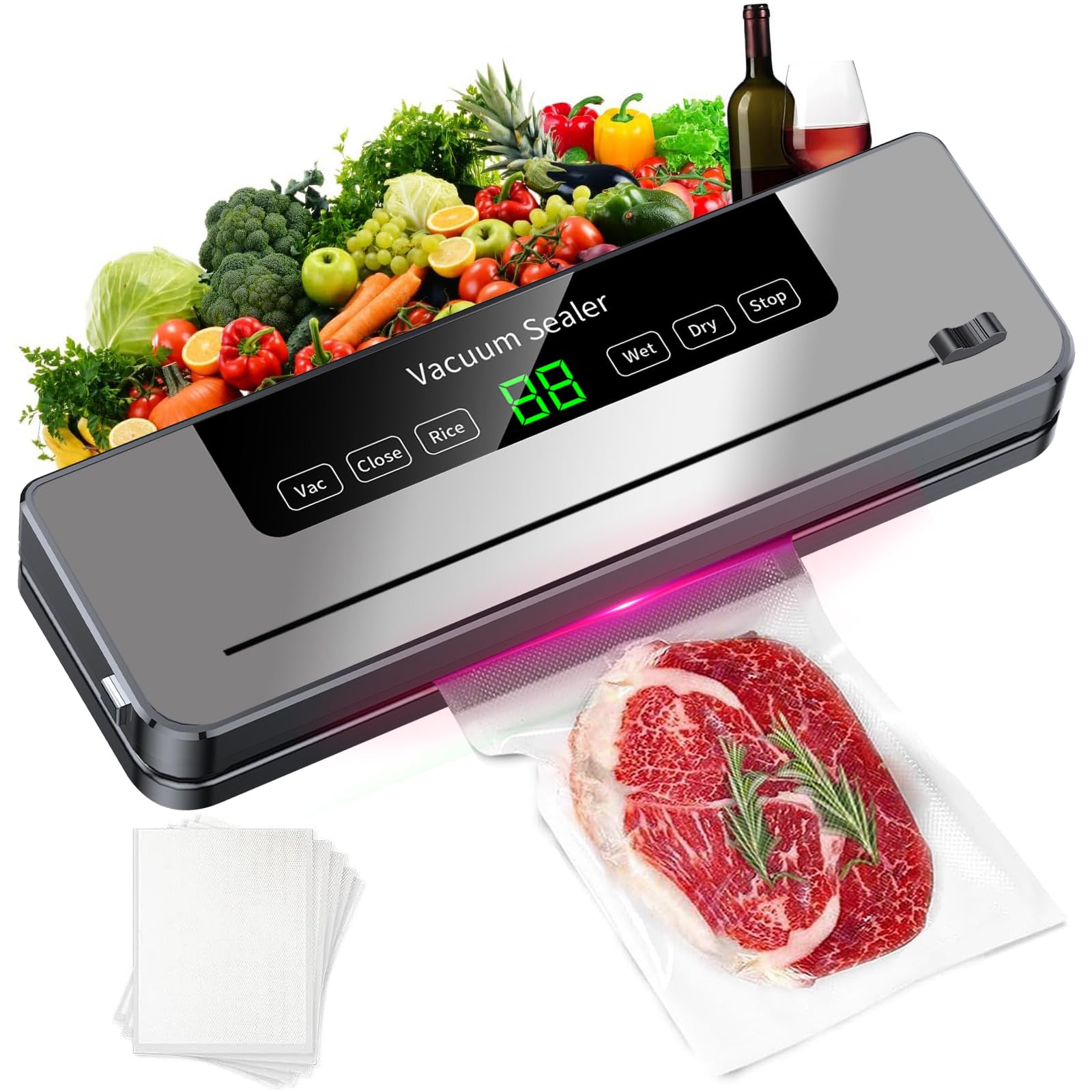Macchina Sottovuoto 6 In 1 65kPa - Aspira E Sigilla Automaticamente, Con Display LED, Taglierina Integrata E 10 Sacchetti. Per Alimenti Secchi E Umidi. - 6
