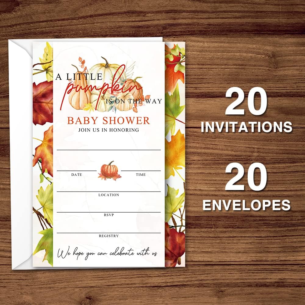 Fall Little Pumpkin Baby Shower Invitations Sweet Pumpkin is on the Way, Fall Leaves, Autumn Theme, Pack of 20 Fill-in Invitation Cards & 20 Envelopes, 4''X6'', Gender Reveal Neutral - JY024
