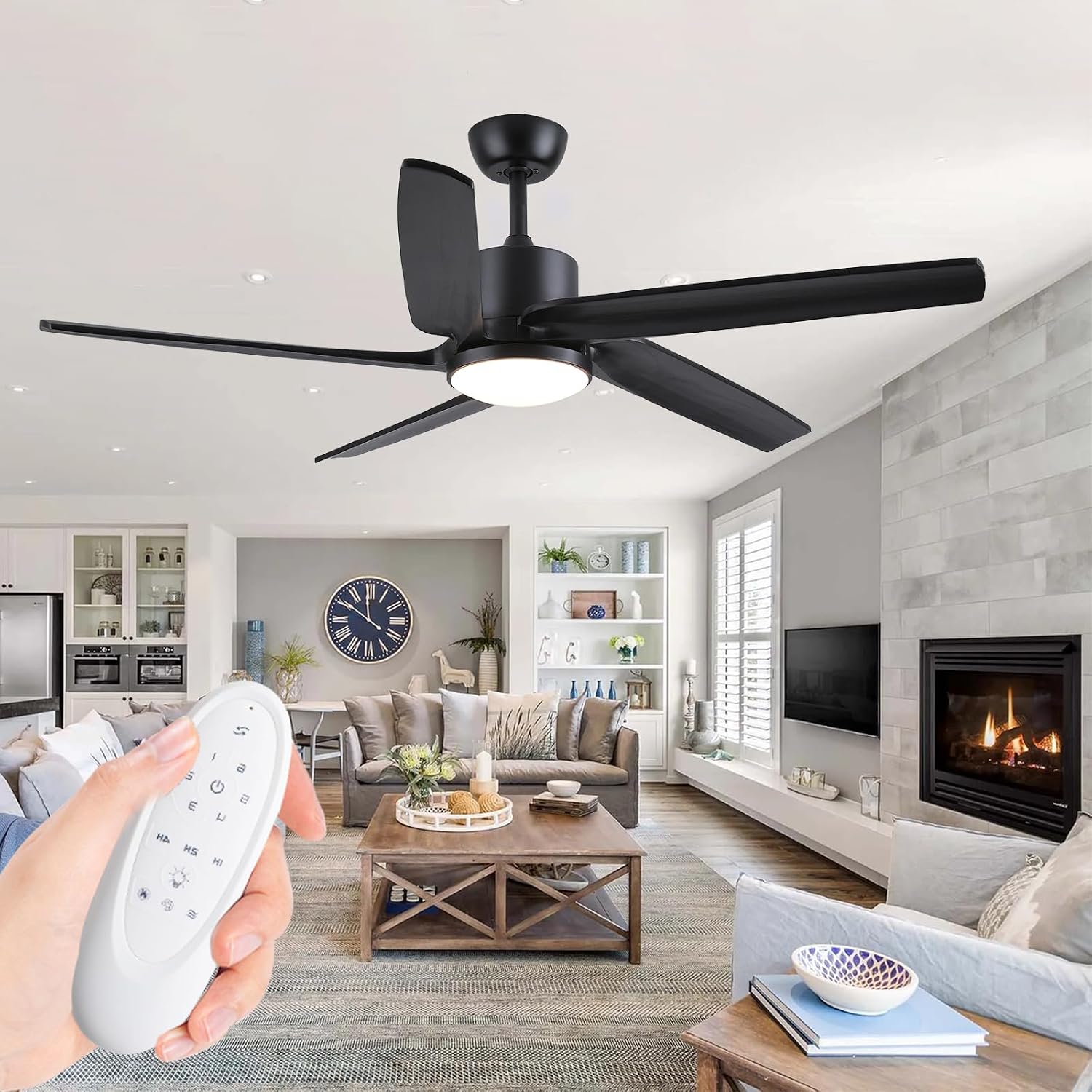 70 inch Large Ceiling Fan with Light and Remote, Outdoor Farmhouse Ceiling Fan with 3 Wood Blades Reversible DC Motor Modern Indoor Ceiling Fans for Bedroom Living Room Wet Rated Patios