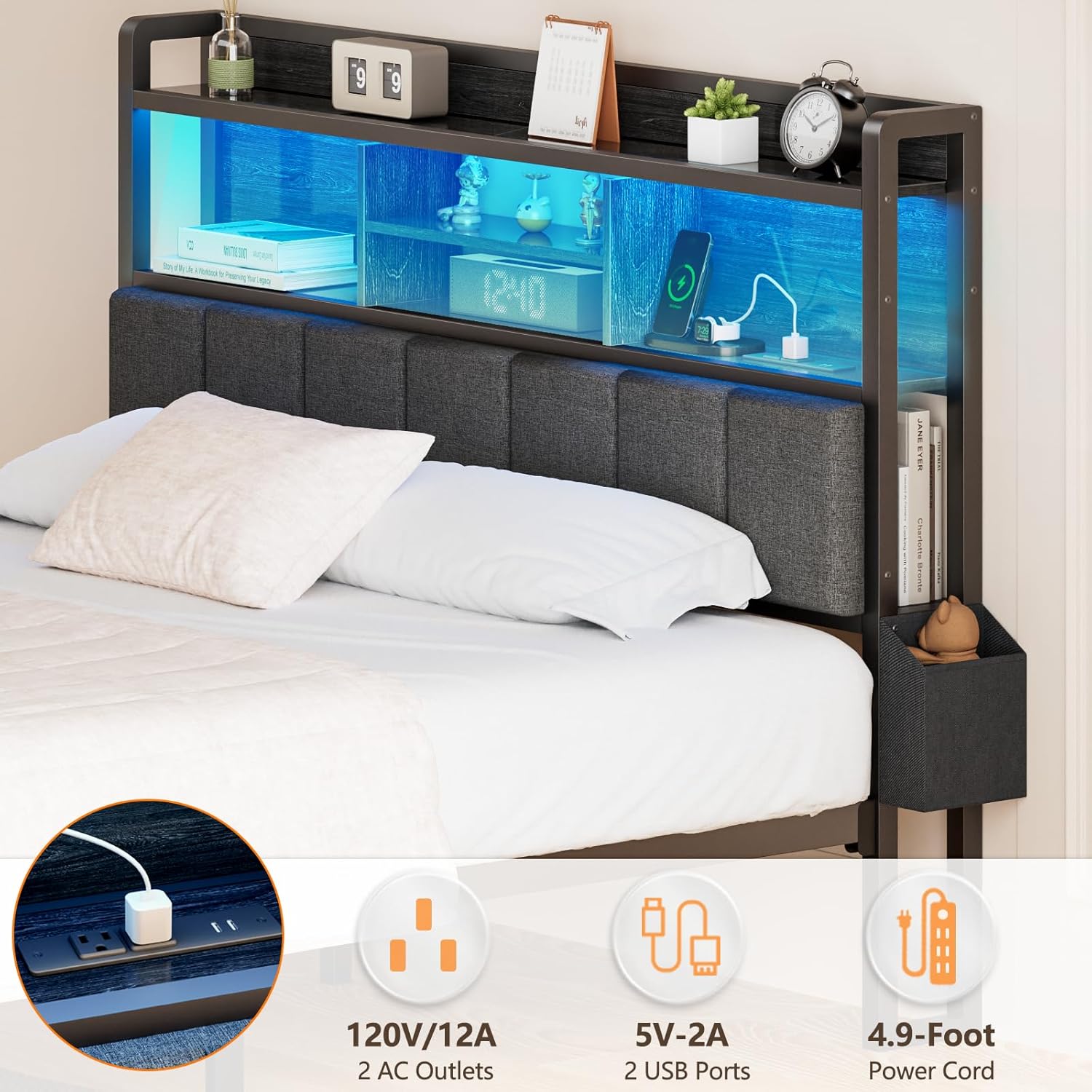 Furnulem Full Size Bed Frame with Headboard, Bed Frame Full Size with Storage Drawers, LED Lights and Charging Station, Metal Platform No Box Spring Needed, Noise Free, Upholstered Headboard, Black