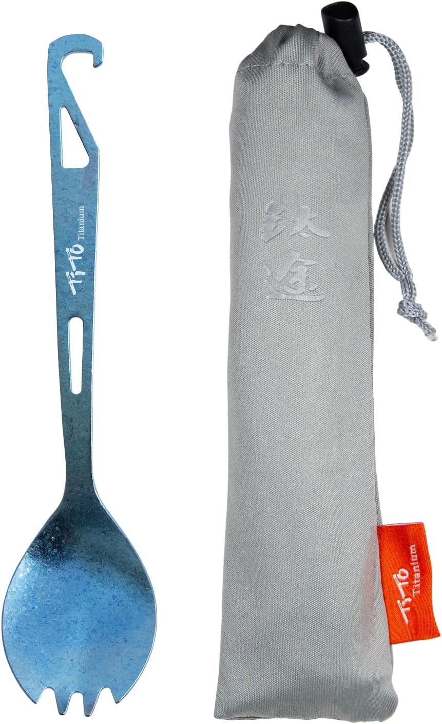 TiTo Titanium Bottle Opener Spork Lightweight Metal Portable Reusable Flatware Spoon Fork for Outdoor Camping, Traveling, Hiking and Picnics Dinner Cutlery With Cloth Bag (Bright Blue)