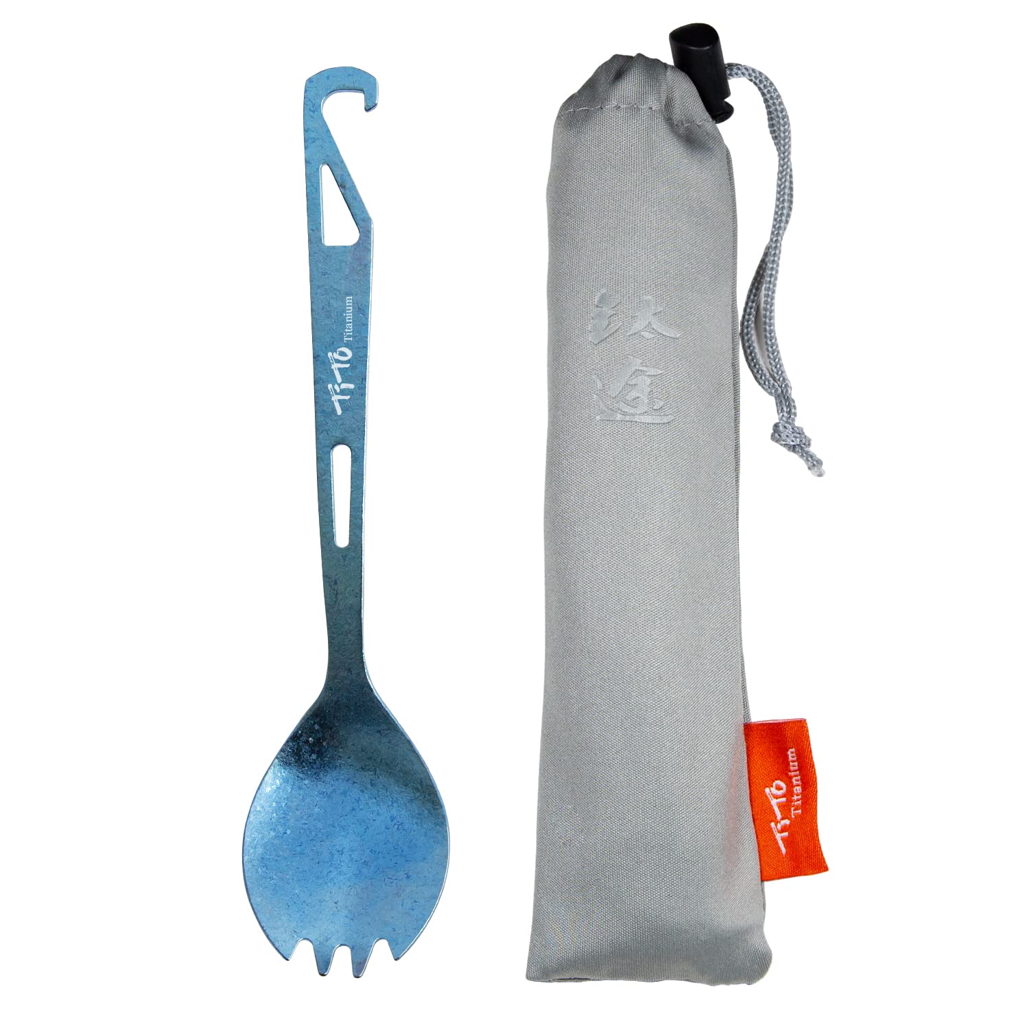 Bottle Opener Spork Lightweight Metal Portable Reusable Flatware Spoon Fork for Outdoor Camping, Traveling, Hiking and Picnics Dinner Cutlery With Cloth Bag (Bright Blue)