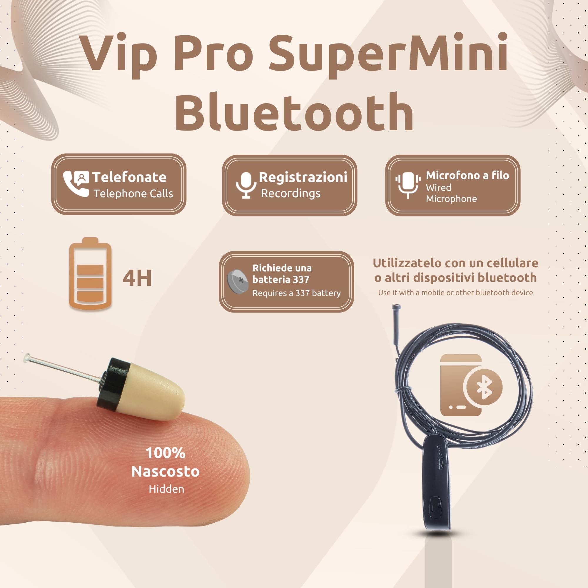 PingaOculto Cuffie Spia Esami (Vip Pro SuperMini Bluetooth Microfono Cavo) | Senza fili, Pulsante multifunzione, Chiamate e registrazioni, Collare a induzione, iPhone e Android, Volume elevato