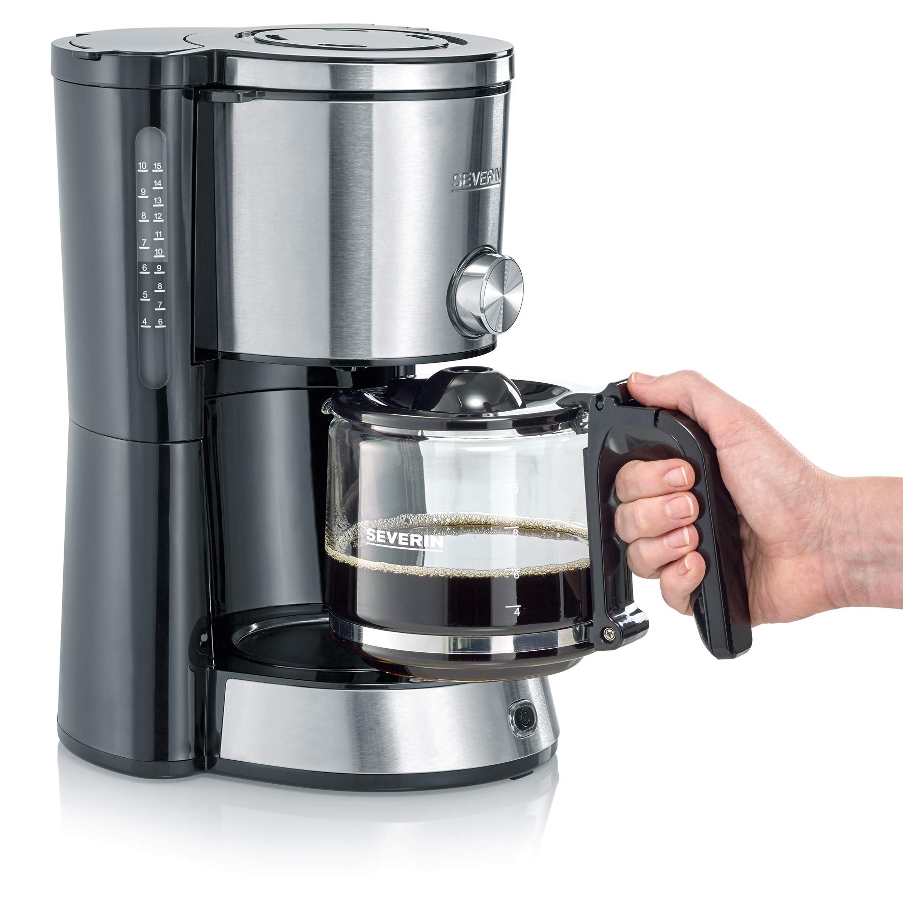 SEVERIN Cafetière Filtre avec réglage de l'arôme, 1 000 W, 1,4L, Jusqu'à 10 tasses, Porte-filtre amovible, Système anti-goutte, Inox / Noir, KA 4825
