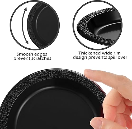 Vista 4 de Mimorou 200 platos de postre de plástico de 6 pulgadas, desechables, redondos, a granel, para boda, cumpleaños, picnic, ensalada, aperitivo, Negro