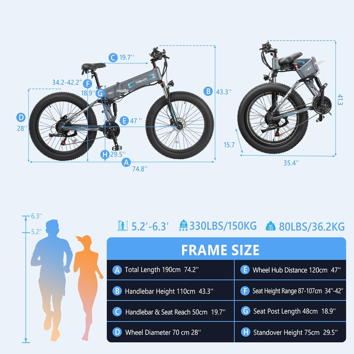 PEXMOR Electric Bike frame size diagram