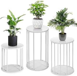 HDANI 3er-Set Rund Pflanzenständer Metall 35/45/55cm,Solider und Robuster Blumenständer für Wohnzimmer, Garten,Balkon, Blumenhocker Holzfür,Weiß