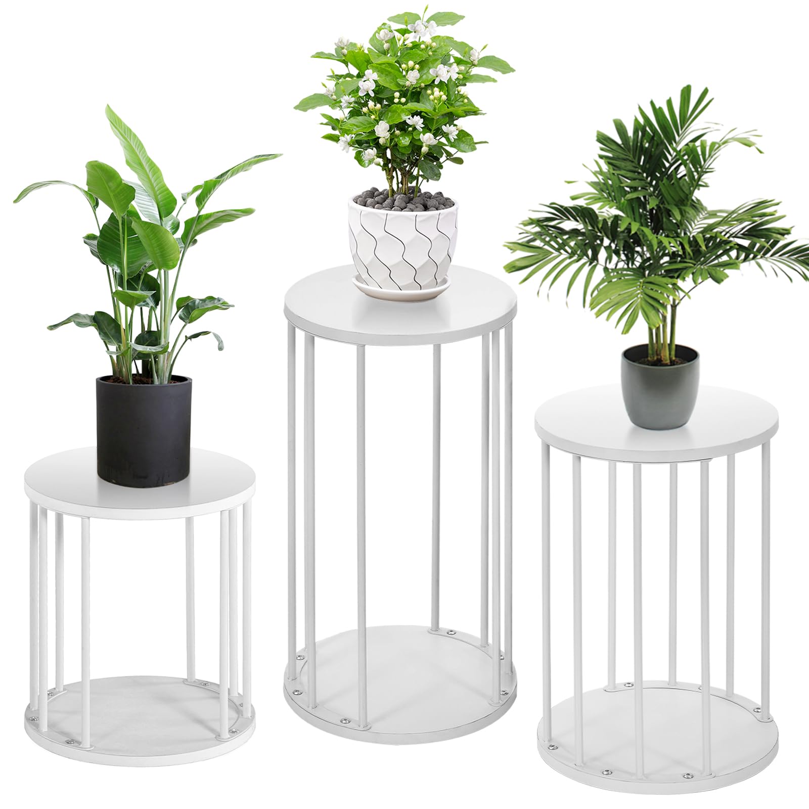 HDANI Juego de 3 Soportes Redondos para Plantas de Metal 35/45/55 cm,Soporte para Flores Sólido y Robusto para Salón,Jardín,Balcón,Taburete para Flores de Madera,Blanco