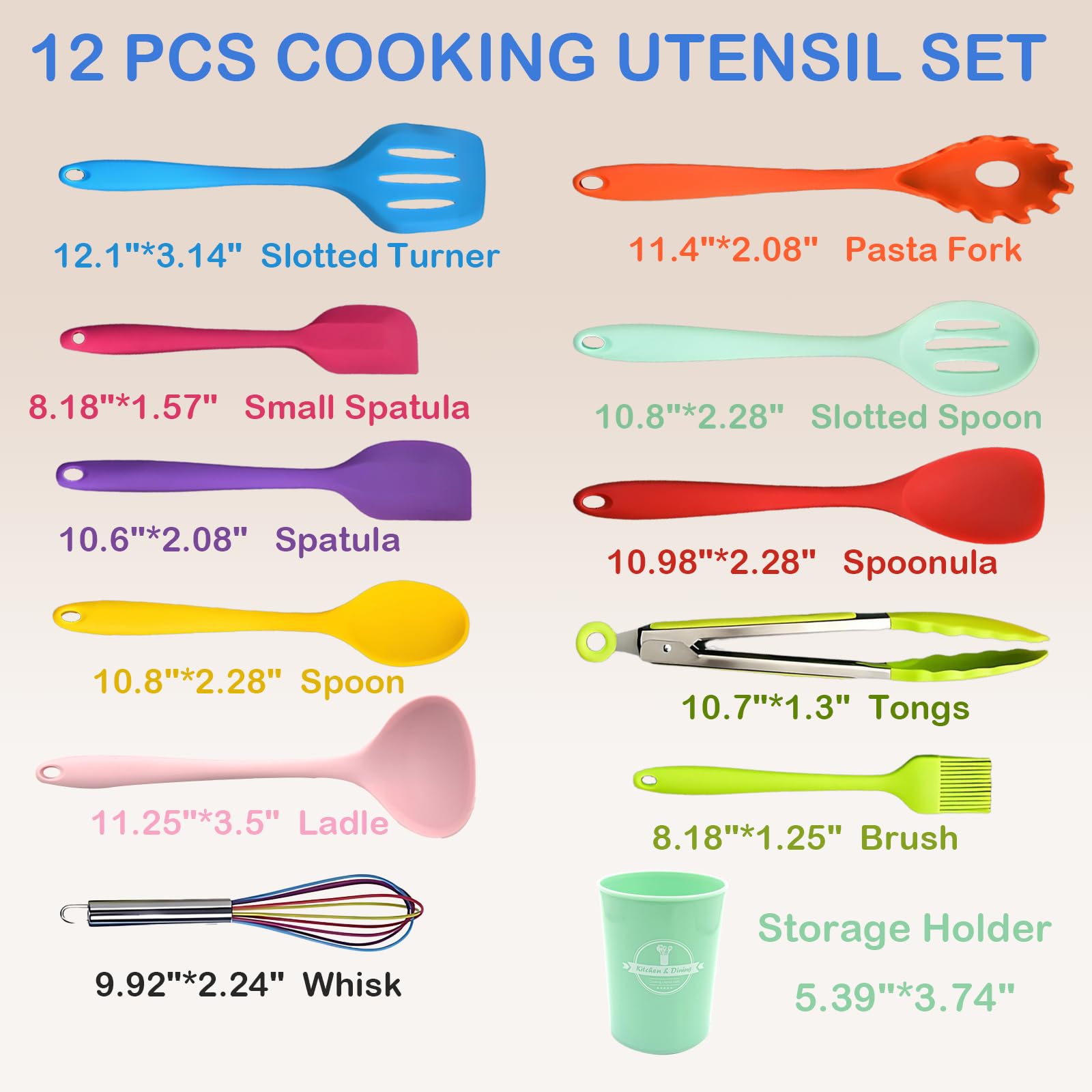 Juego de 12 utensilios de cocina de silicona resistentes al calor con cucharón, volteador, pinzas, tenedor de pasta, cuchara, espátula pequeña, soporte, antiadherente, apto para lavavajillas