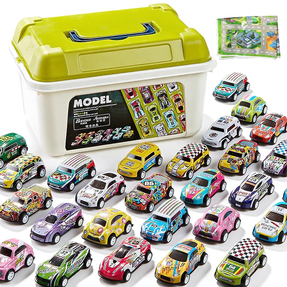 Car, 30PCS Vehicles Set Pull Back Cars with Playmat Storage Box Push and Go Car Pull Back Racing Vehicles Mini Alloy Cars Friction Power Vehicle Birthday Party Favors