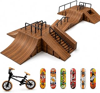 CS COSDDI Modular Fingerboard Park with Realistic Wood Grain Finish, Mini Skatepark Playset Includes 6 Finger Skateboards & BMX Bike, DIY Skate Ramps & Rails for Kids and Adults