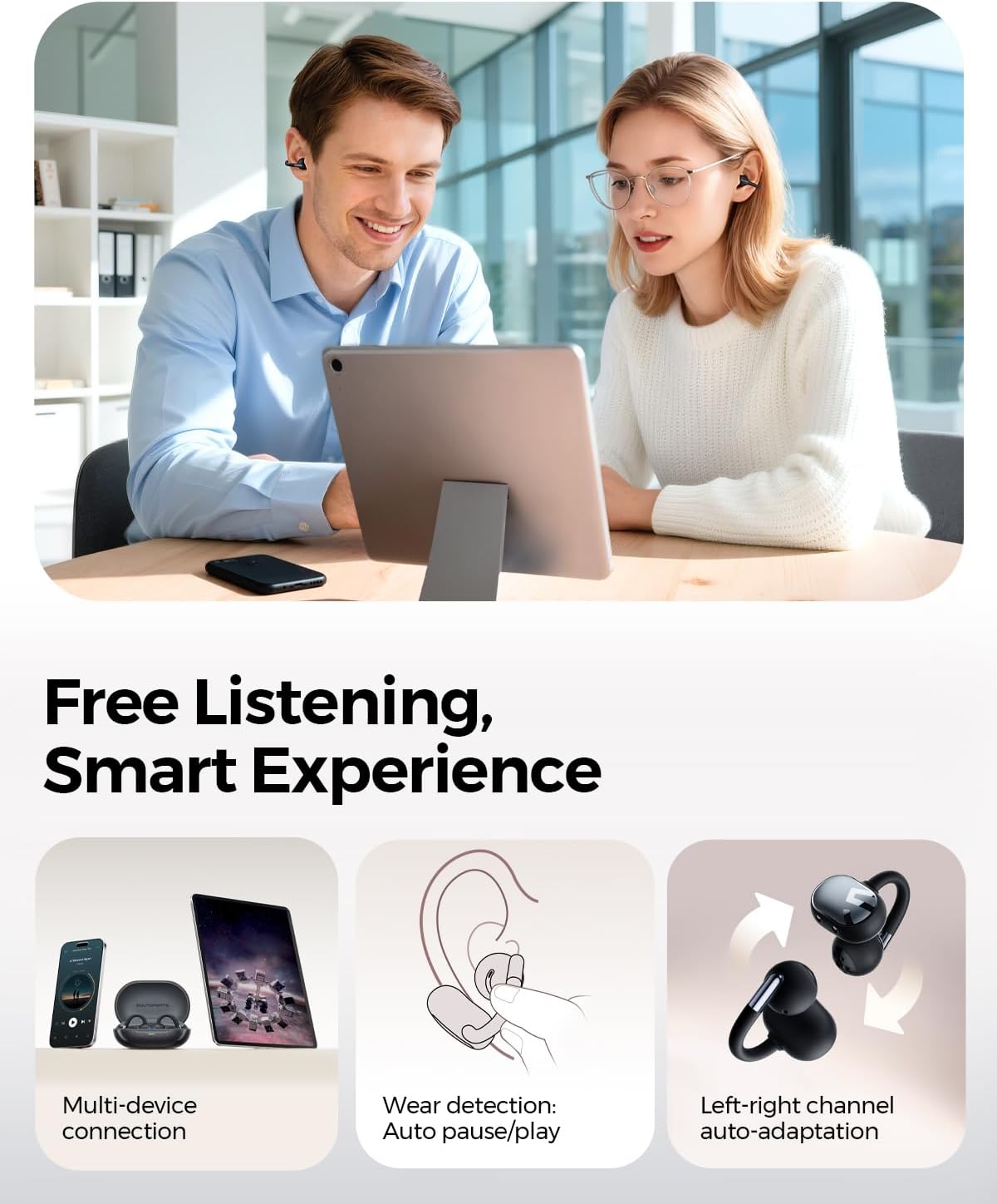 SoundPEATS Clip1 Ultra Comfort Open Ear Clip-On Earbuds, Secure Fit for Running Gym Workouts, 40H Hi-Res Sound with LDAC & Dolby, Fast Charging, IPX5 Waterproof, Bluetooth 5.4