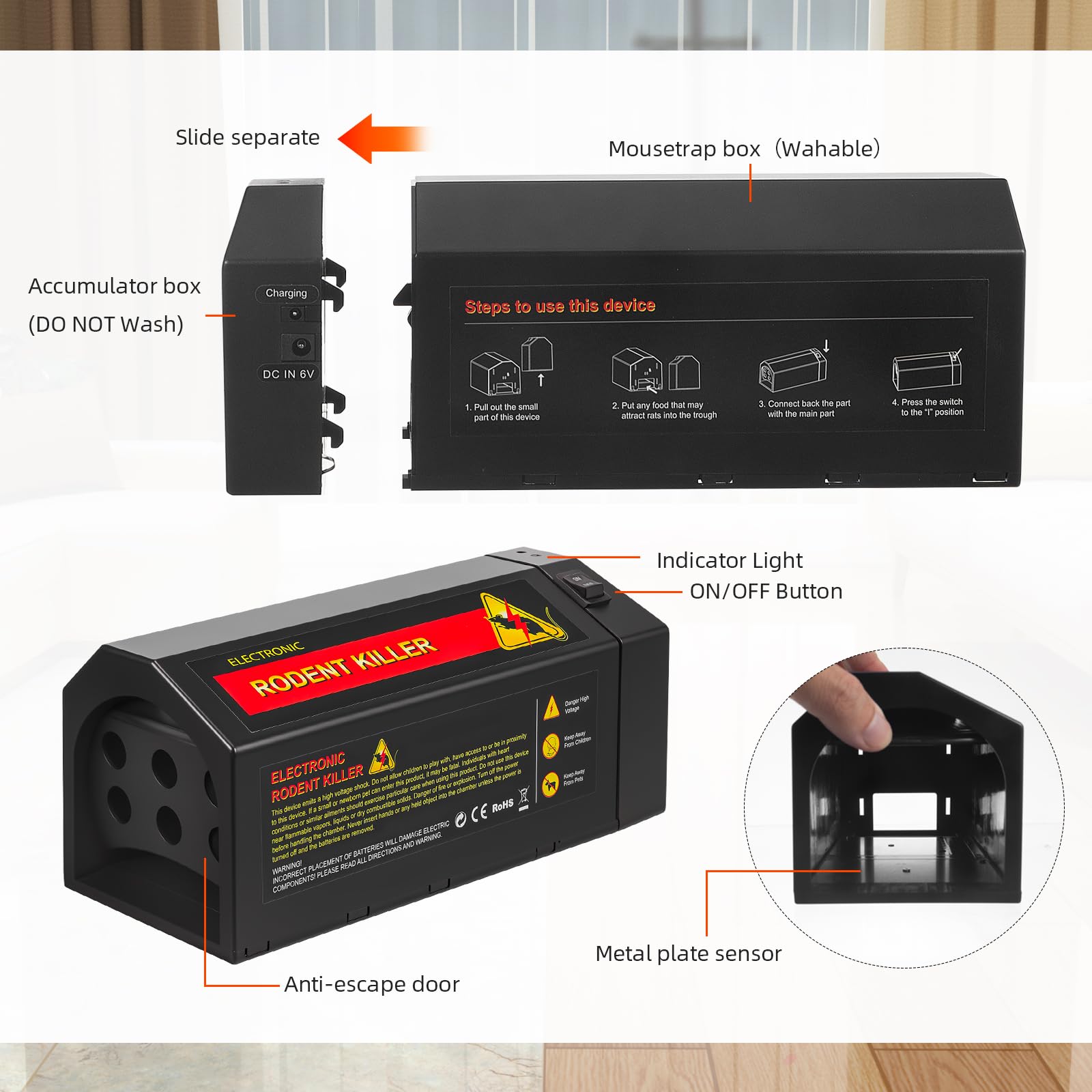 Trappola elettrica per topi Zapper potente trappola per topi interni per case con porta anti-fuga, efficace e riutilizzabile, trappola elettrica per roditori e topi, anti-shock, per casa, cucina