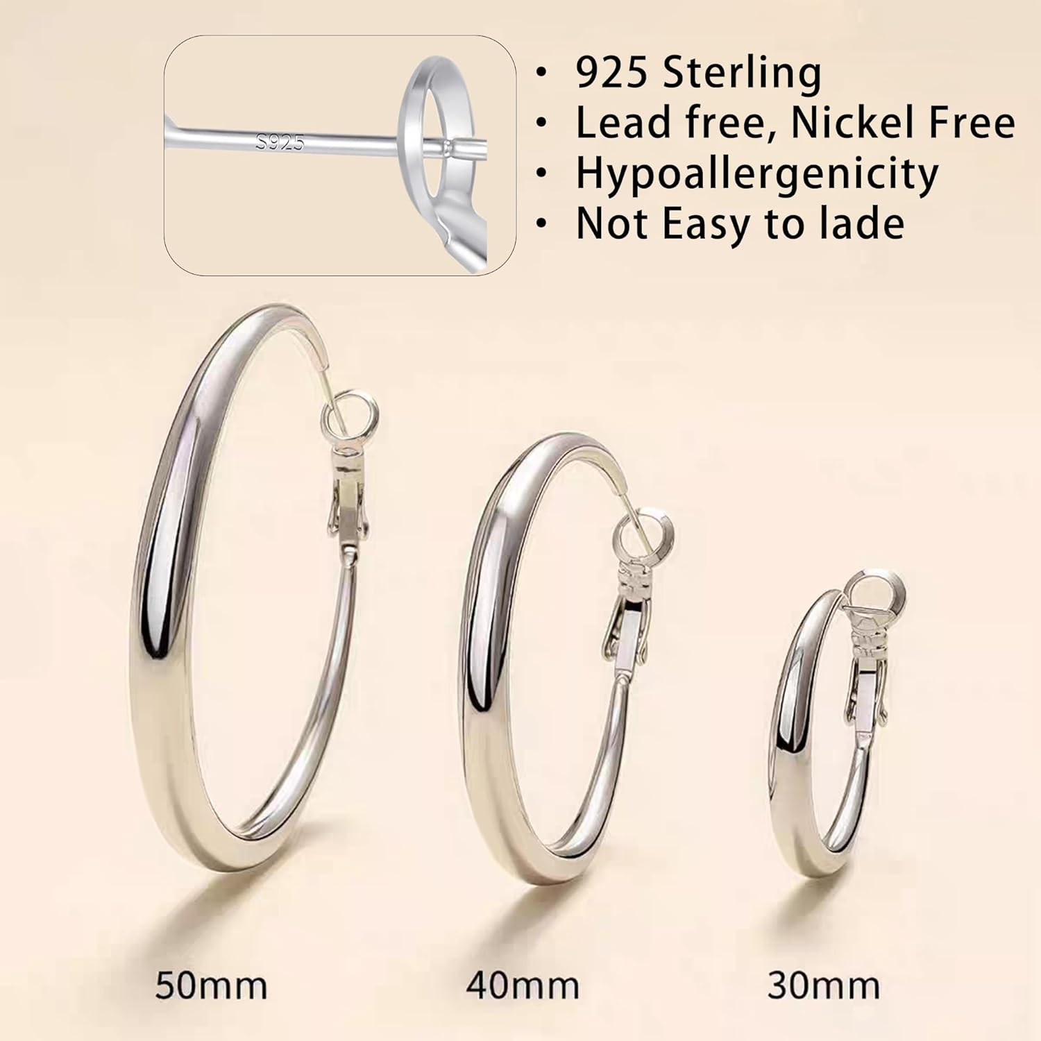 14K Gold Hoop Earrings for Women, 925 Sterling Silver Hypoallergenic Post Hoops 30 40 50mm, 4mm Width, Classic Polished Earring Chunky with Lightweight Comfort for Everyday Wear - Image 2