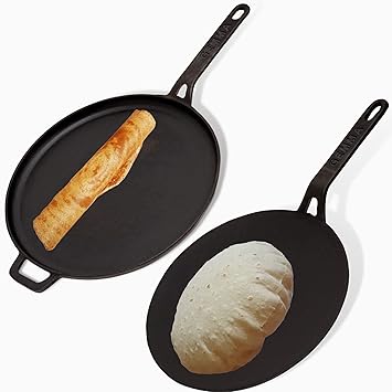 Perfectly Cooked Roti & Crispy Dosa Every Time with Cast Iron Pre-Seasoned Dosa Tawa & Roti Tawa with Handle Pack of 2 Combo | for Gas and Induction | Medium Perfect Cookware for Chappathi Chila Omlet