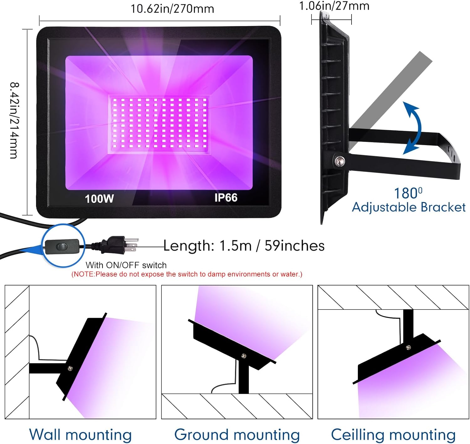 100W LED Black Light,Blacklight with Plug IP66 Waterproof for Glow Party 385-400nm Purple Flood Lights Outdoor for Bar Body Painting Halloween Dance Stage Lighting