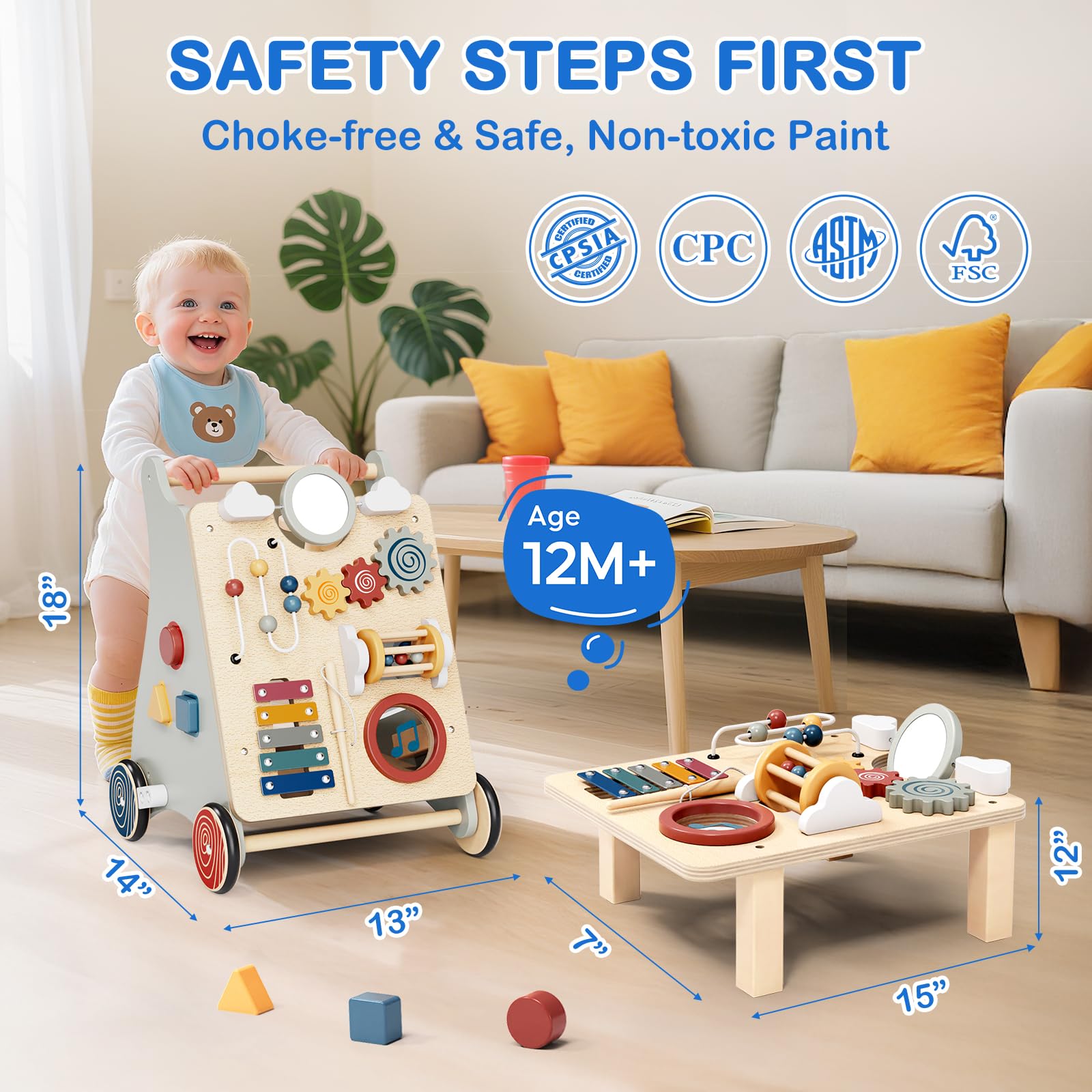 Andador Montessori 2 en 1 de Madera, Andador para bebés con Velocidad Regulable