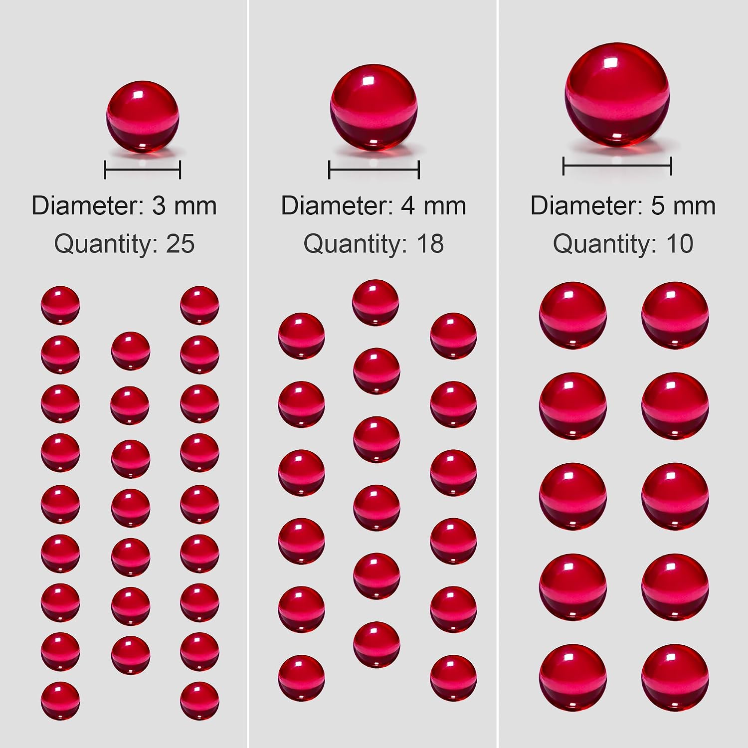 Synthetic Ruby Balls (3mm x25 + 4mm x18 + 5mm x10) | Lab-Created Synthetic Ruby • Precision Spheres • Jewelry Making & Beading • Highly Polished Finish