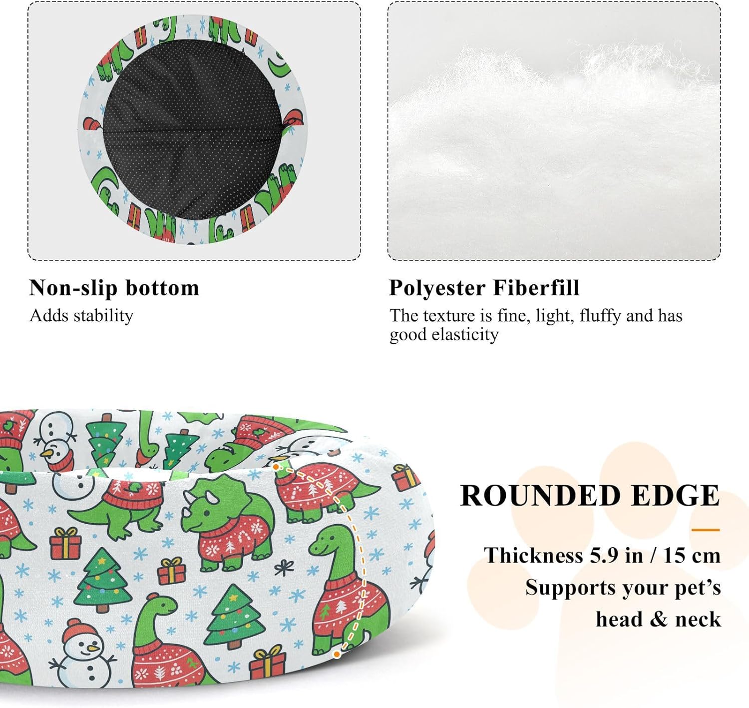 Pet Dog Bed Anti-Slip Fluffy Cat Pillow Bed for Medium Size Pets Sleeping M Christmas Dino Snowflakes