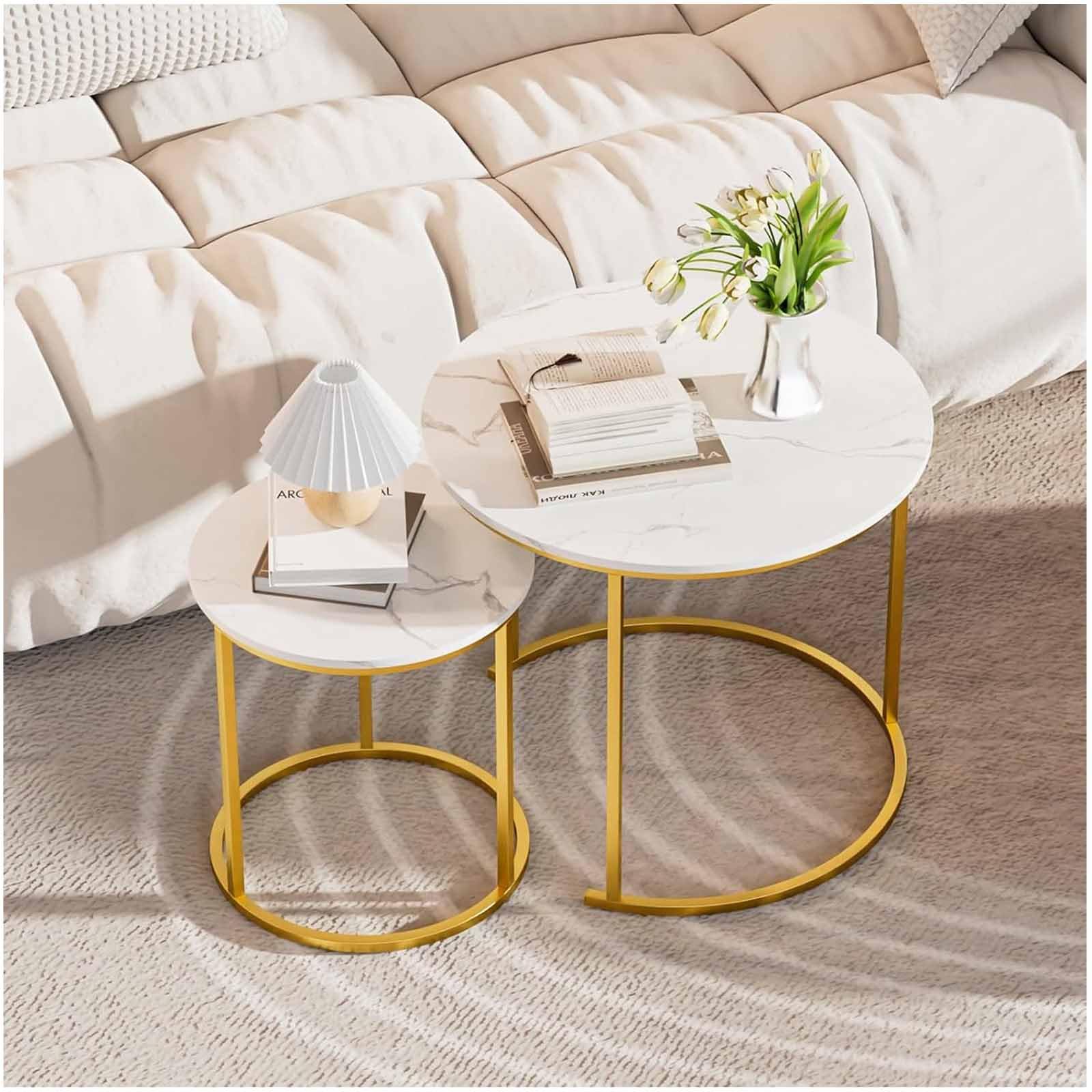 SXZenSpace Coffee Table Nesting Rustic Set of 2 Side, Round MDF Table, Industrial End Side Tables for Living Room Bedroom Apartment Balcony Yard, Oak MDF,White