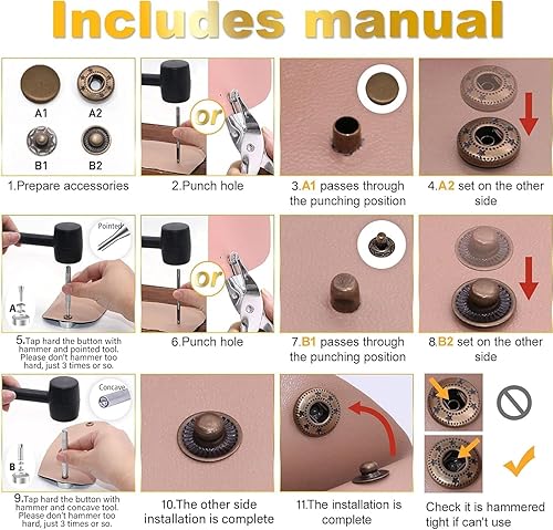 Miniatura 7 de Alritz Juego de 120 cierres de cuero con perforador de martillo, botones de metal de 0.47 pulgadas con 4 herramientas de ajuste para ropa,