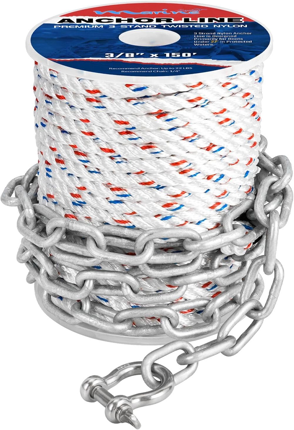 MARINE SYSTEM Anchor Line 3/8 Inch 50 FT 100 FT 150 FT Nylon 3 Strand Anchor Rope with 1/4inch x 6.6ft Galvanized Anchor Chain (3/8 Inch x 50 Ft)