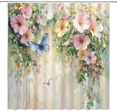 Spring Garden Shower Curtain Pink Flowers Butterflies Green Leaves Watercolor Romantic Nature Rustic Dreamy Bathroom Decor Polyester Fabric Curtain with Hooks
