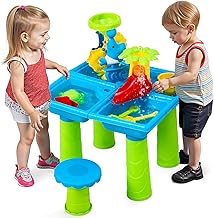 Warmiehomy Sand and Water Table for Toddlers 3-5 Kids Outdoor Play Table with Stool 4 in 1 Activity Sensory Tables w/Accessories Summer Backyard Outdoor Beach Toy for Boys Girls Age 3 4 5 6 7 8