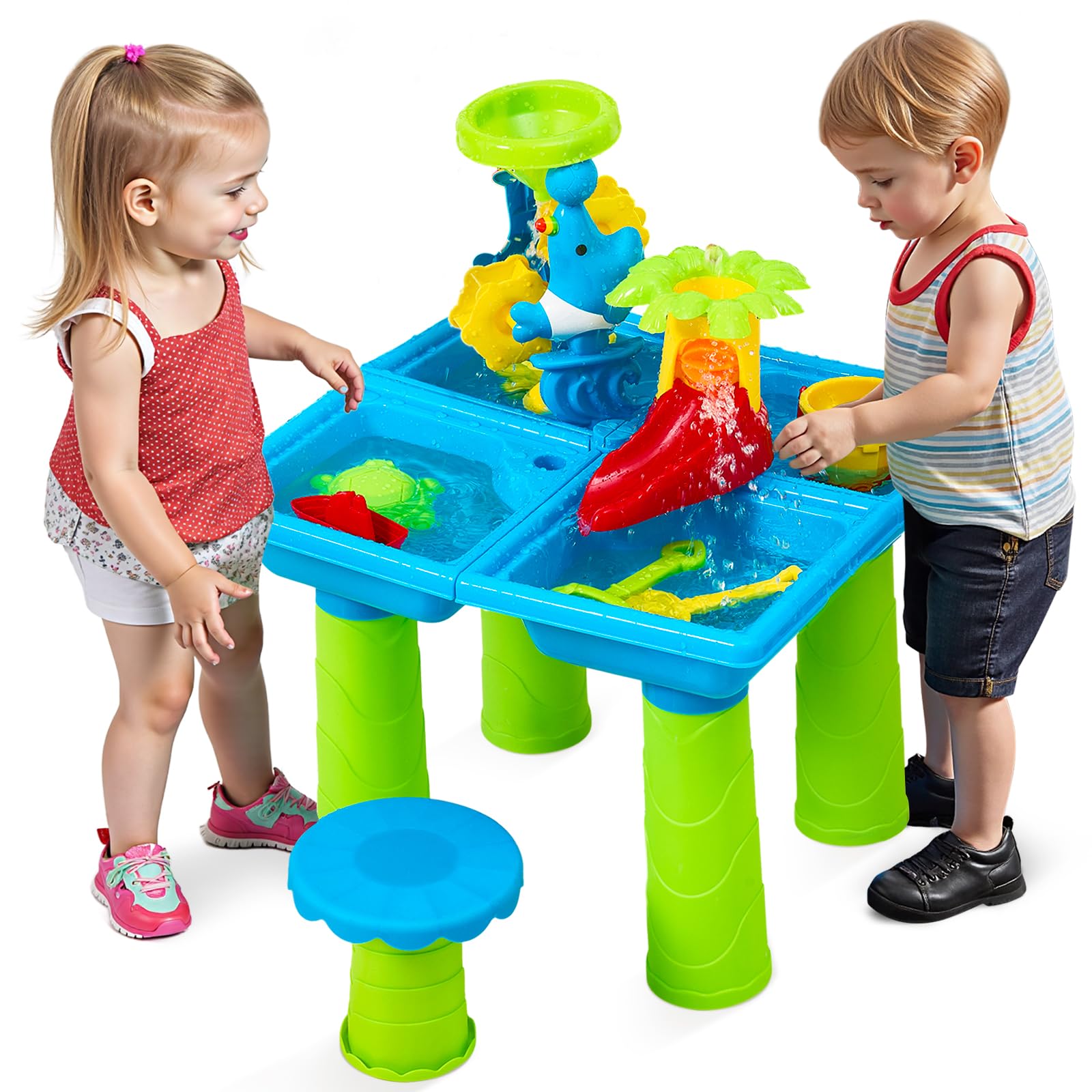 Warmiehomy Sand and Water Table for Toddlers 3-5, Kids Outdoor Play Table with Stool, 4 in 1 Activity Sensory Tables, Accessories Summer Backyard Outdoor Beach Toy for Boys Girls Age 3 4 5