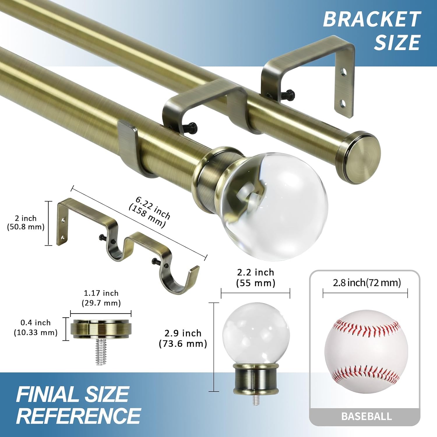 Urbanest Crystal Ball Flat Button 1" 3/4" Double Drapery Curtain Window Rod Set - 48" to 84", Antique Brass