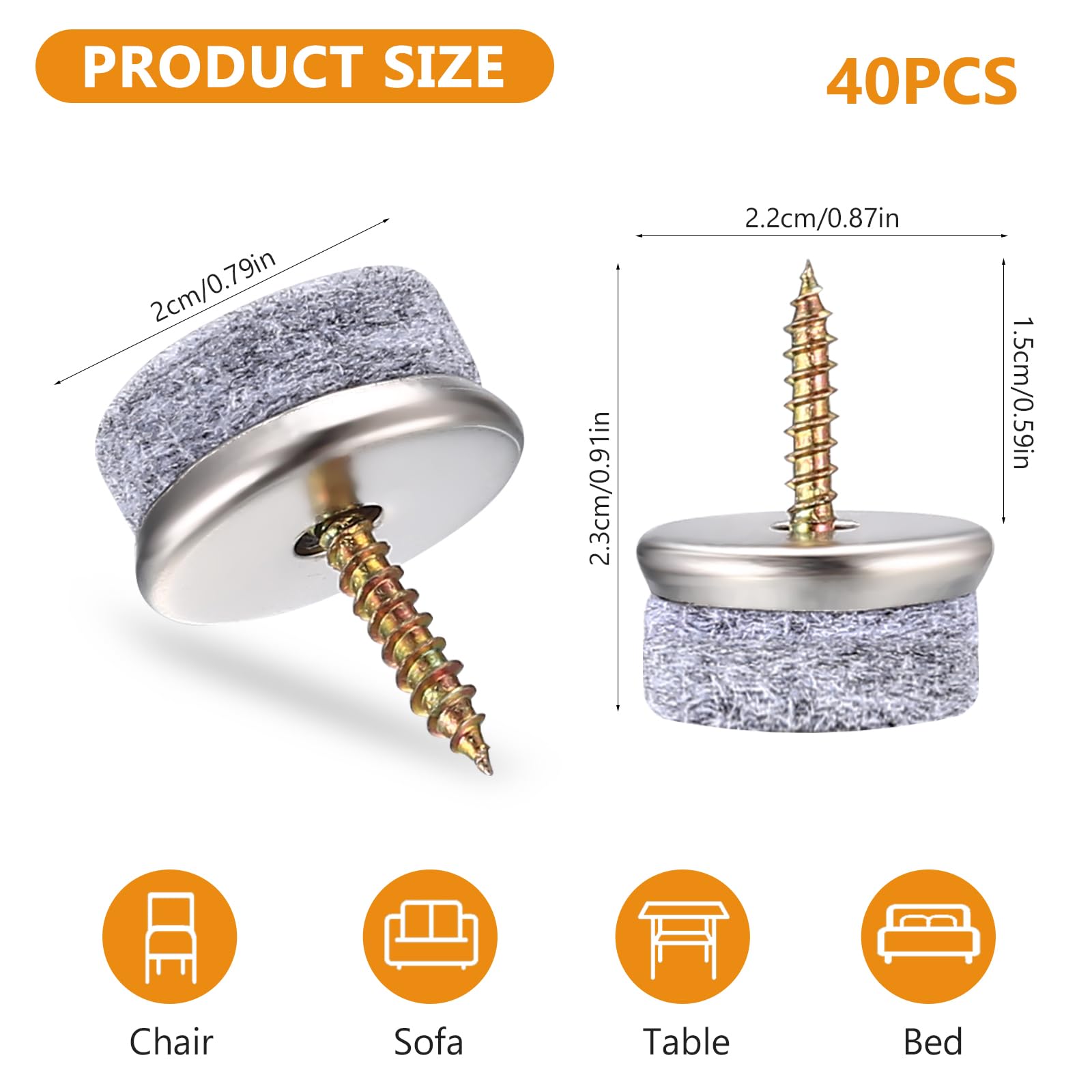 wugongshan 40pcs Felt Chair Leg Floor Protectors, 22mm Non Slip Felt Gliders Screws - Image 2