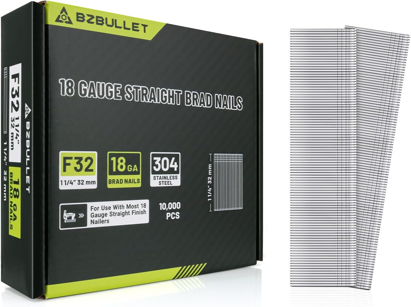 18 Gauge Stainless Steel Brad Nails, 1-1/4 Inch 18GA Brad Nails, 304 Stainless Steel Finishing Nail Gun Nails for Pneumatic, Electric Nailer Gun (10,000 Counts, 5-Pack)