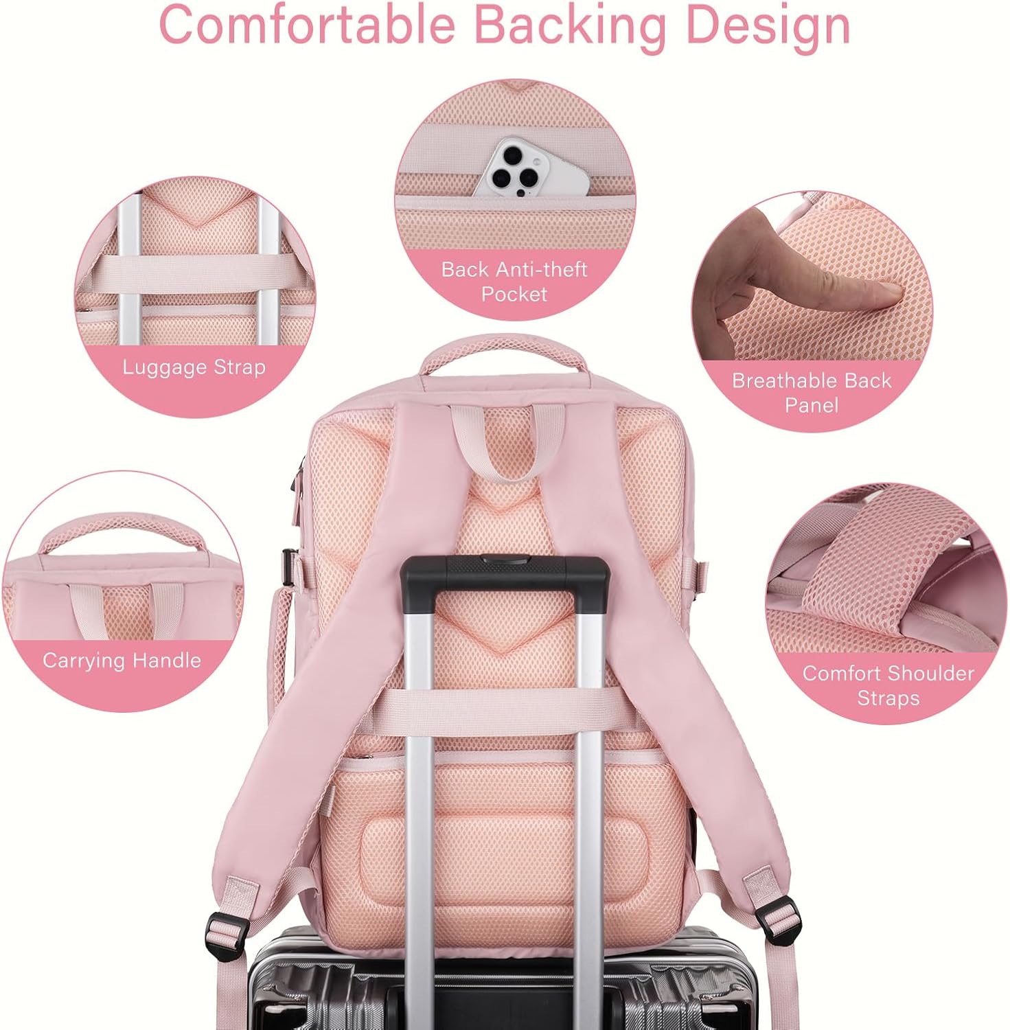 MOSISO 40L Travel Backpack for Women, Rhombus Quilted Flight Approved Carry on Daypack with USB Charging Port&Drawstring Bag, 17-17.3 inch Laptop Backpack for Office Work Travel Essentials, Pink - Image 7