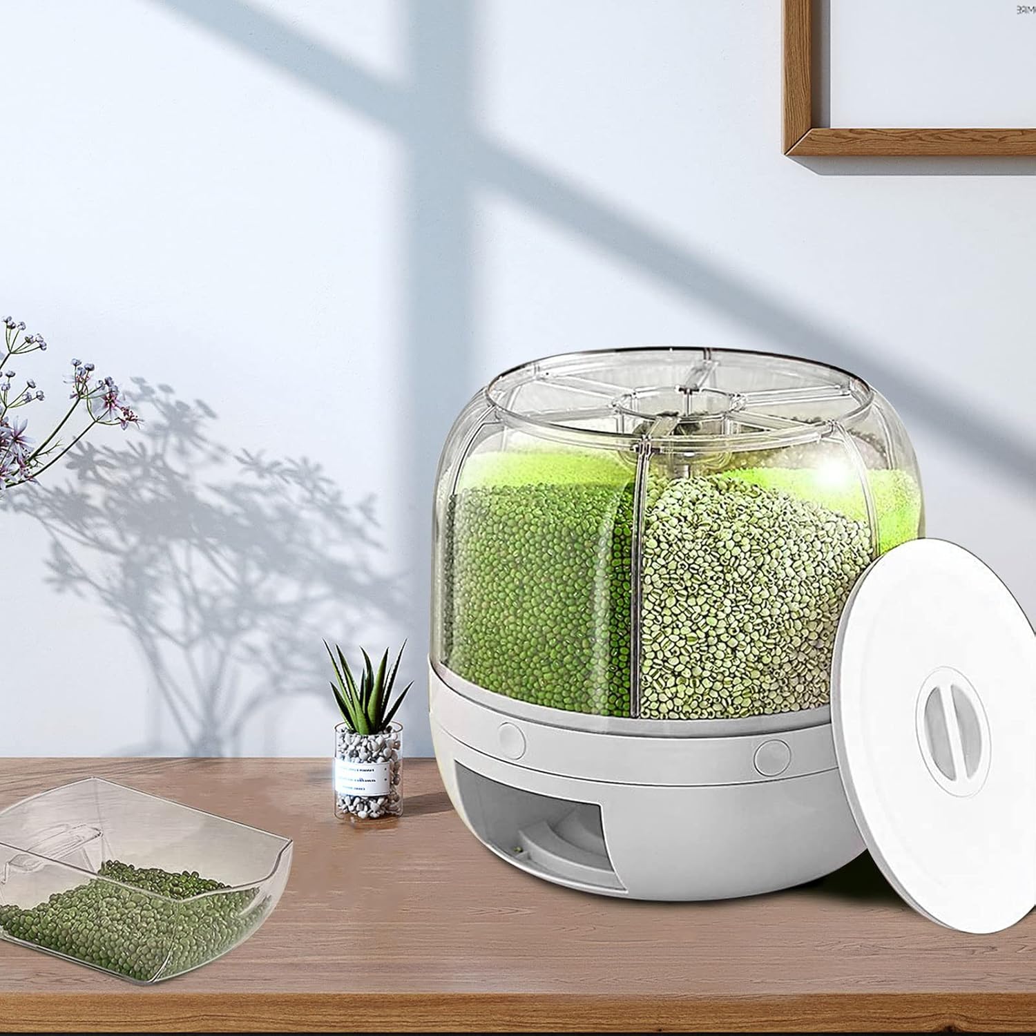 Rice Container, 360° Rotating Dry Food Dispenser - 6 Grid Kitchen Grain Organizer with Lid, Moisture Resistant for Rice, Grain, Millet - Airtight Storage, 22Lbs Capacity - Household Organizer