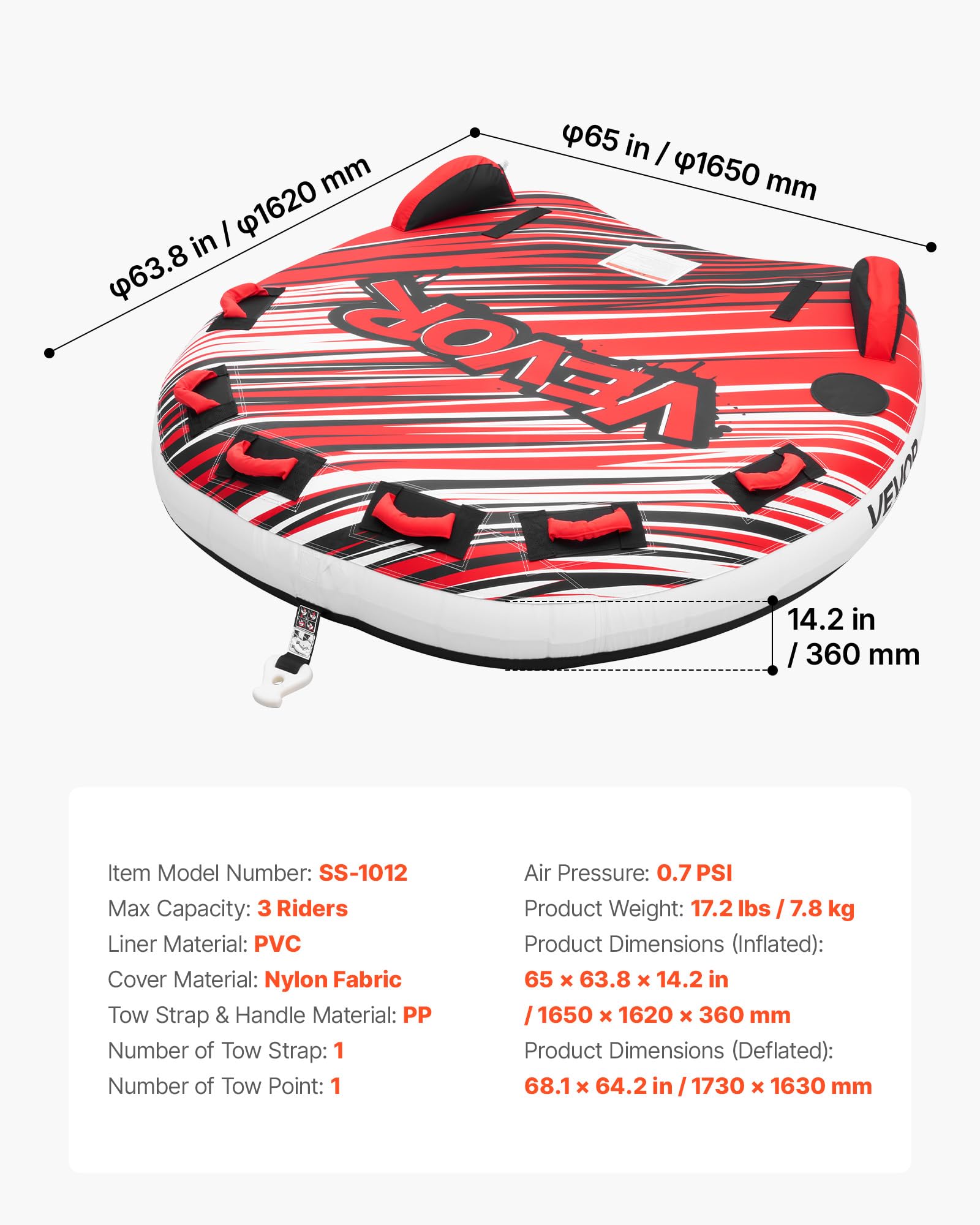 VEVOR Flotador de Arrastre Inflable 3 Personas 165x162 cm 231 kg Rojo