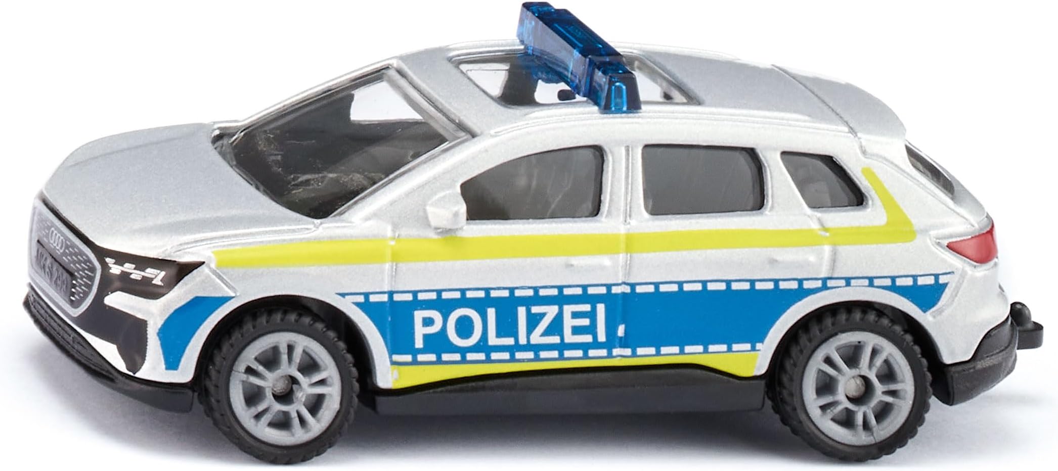 Audi Q4 e-tron Police Auxiliary Vehicle, Metal/Plastic, Blue/Silver, Children's Toy Car, Rubber Tyres, Tow Bar