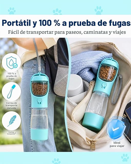 Foto 7 de 8 de Botella para perros 3 en 1, 350 ml botella de agua para perros con compartimento para alimentos de 100 g…